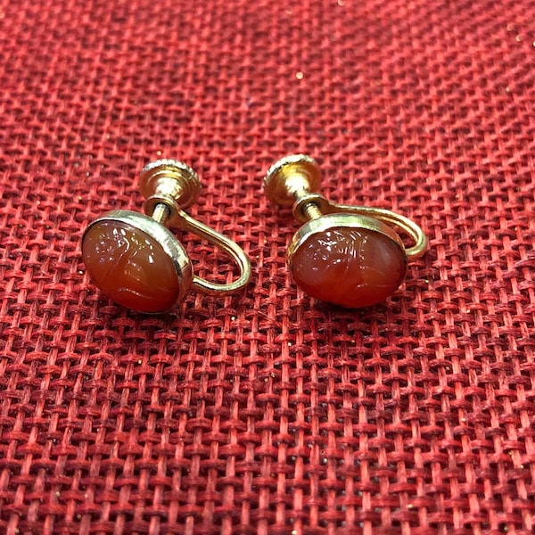 Scarab Amber Colored Earrings - Vintage