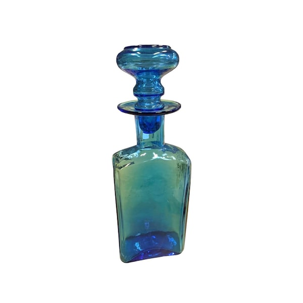 Hand-blown Blue Glass Decanter with Stopper - Beautiful Blue Decanter with matching bulb top Stopper - gorgeous MCM Blue Glass