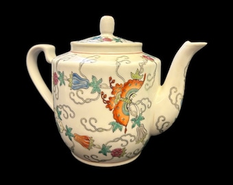 中国景徳鎮磁器ティーポット - 手描きのエナメル蝶と花 - 1900年代初頭のシノワズリティーポット