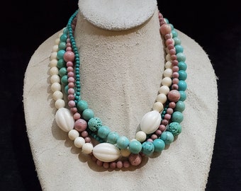 Alice Kuo Chunky 4 Strand Three Colors, Howlite, Rhodonite and Jade Vintage Necklace