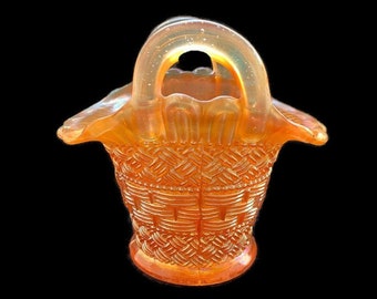 Dugan Orange Marigold Carnival Glass Beaded Basket - Vintage