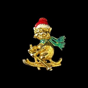 Smug Weihnachten Katze Ski fahrend, Gold Brosche / Pin