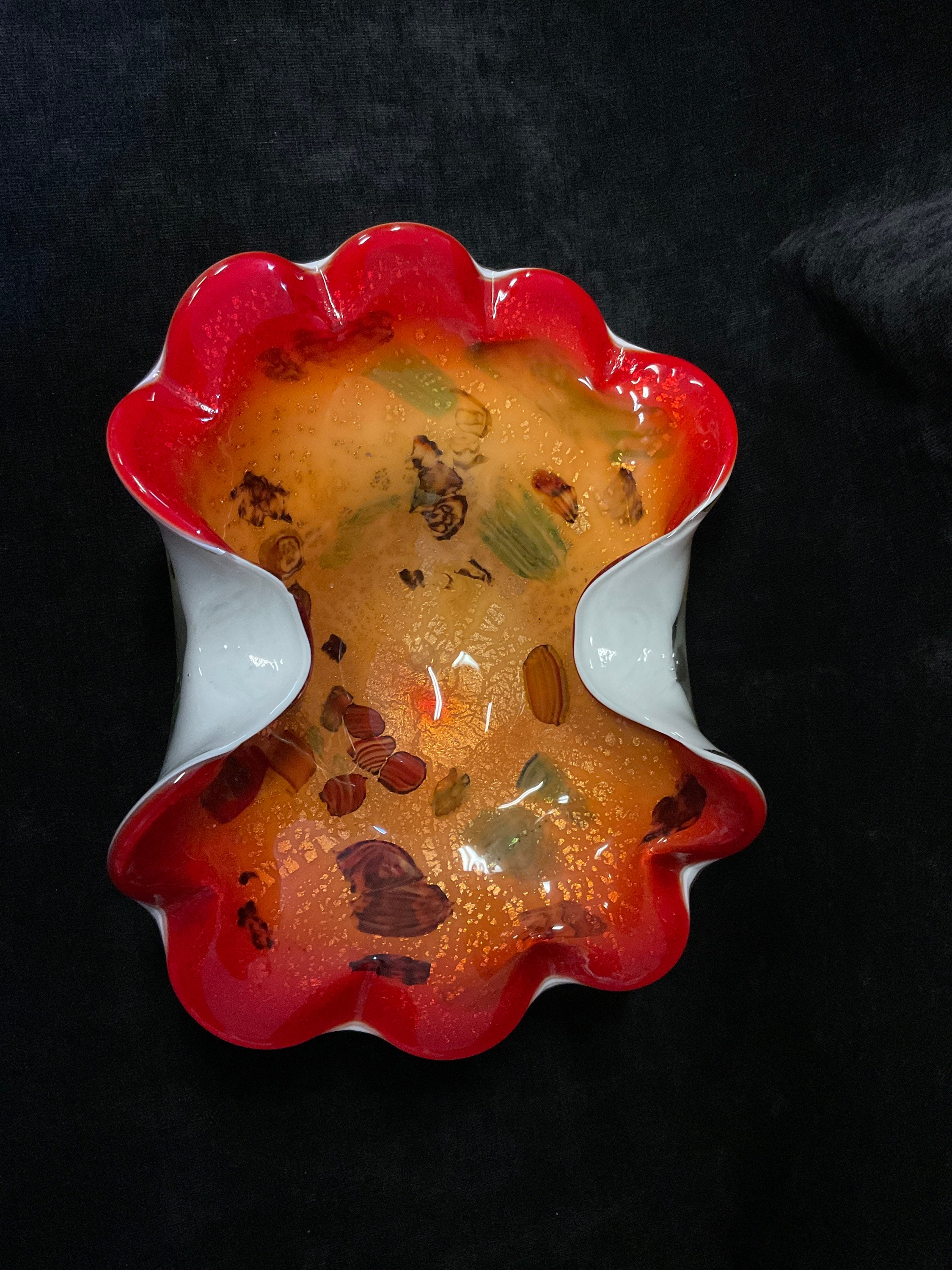 Abstract Mid Century Modern Art Glass Bowl Hand Blown Red orange Cased