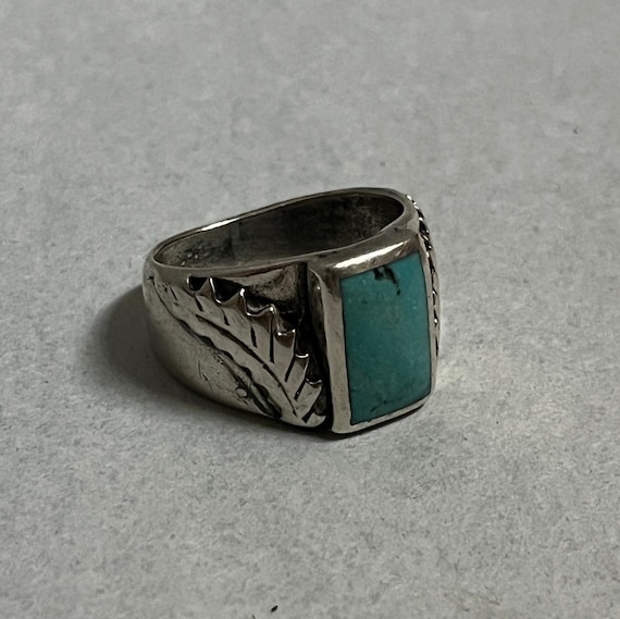 925 Silver and Turquoise Trade Ring with Feather … - image 1