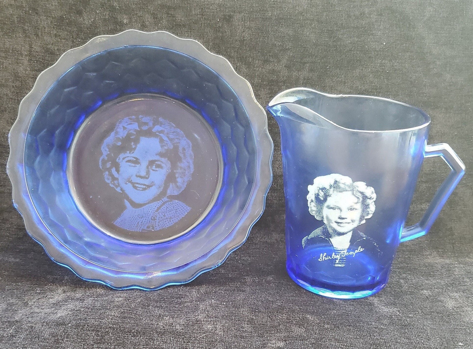 Shirley Temple Cobalt Blue Depression Glass Dish and Pitcher Set 