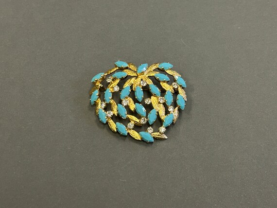 Turquoise and Gold Metal Brooch With Clear Crysta… - image 3