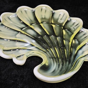 Duncan Miller Vaseline Glass- Sea Shell Shaped Green Art Glass Tray- Yellow Opalescent Trinket Dish