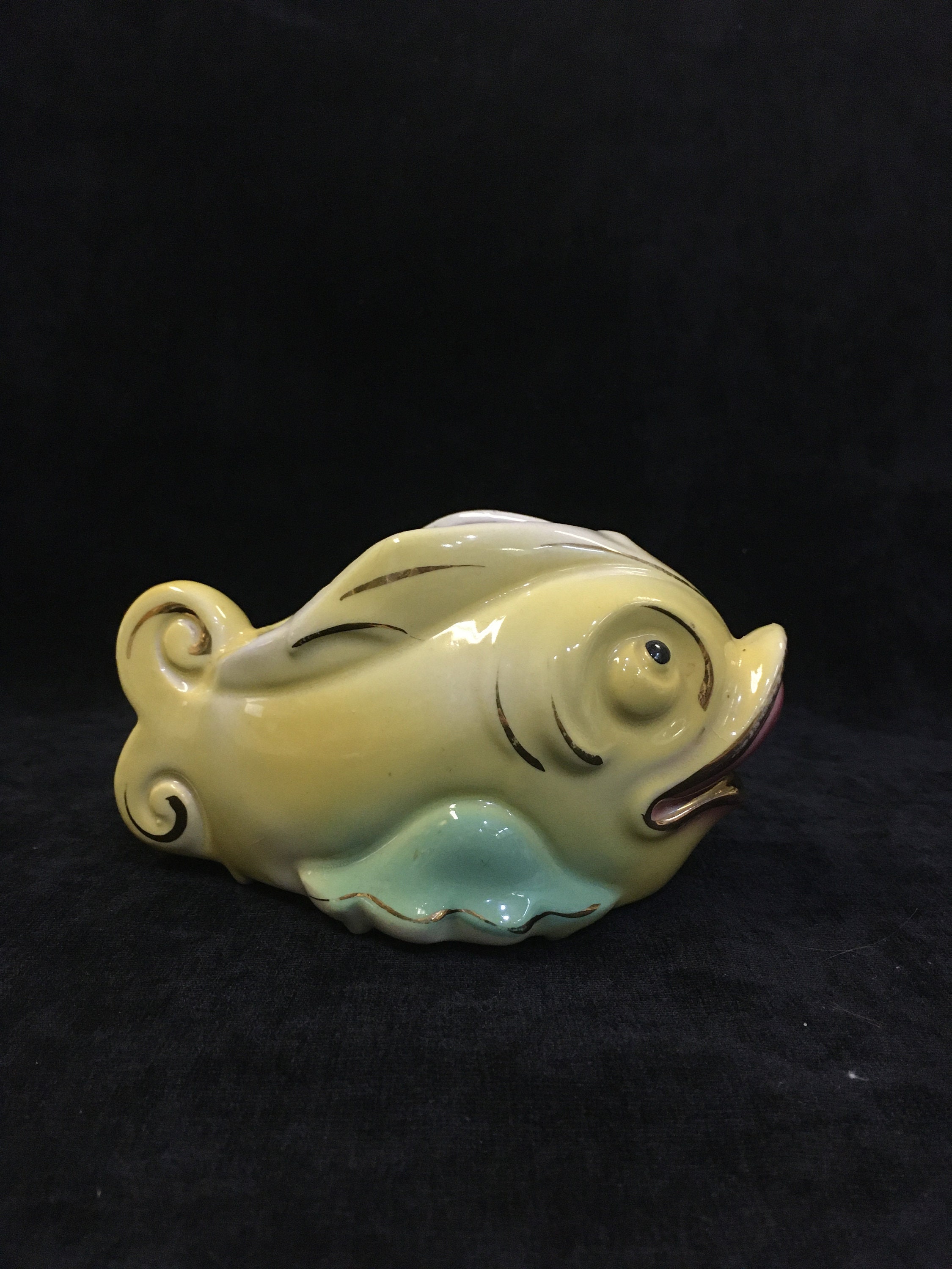 Mccoy Fish Planter Yellow With Gold Trim Midcentury Etsy