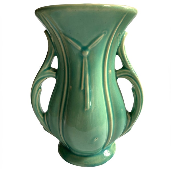 McCoy Große Vase mit geknotetem Quasten-Design und schönen Griffen – glänzende Aqua-Glasur McCoy – McCoy Bow Tie Vasert Deco