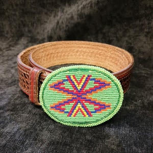 Genuine Top Grain Leather 36&quot; Belt with Indigenous Bead-Work Buckle