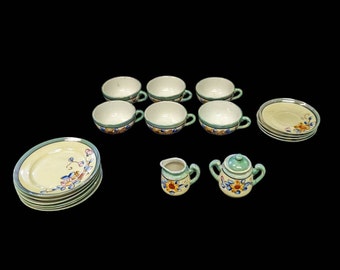 Juego de té japonés Lustre Ware para niños pintado a mano - Porcelana de cáscara de huevo de la década de 1930 con acabado brillante - Juego de 18 piezas - se vende como juego.
