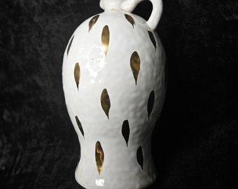 Italian Mid Century Modern Hand Thrown White and Gold Splashed Ewer/ Vase -Hand Painted Italian Decorative Ewer Vase -Retro Italian Art Vase