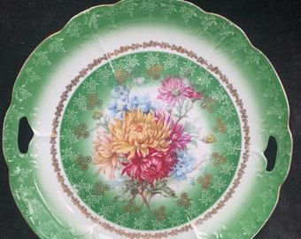 Hand Painted Floral with Green Border Cake/Sweets Server - 1940s