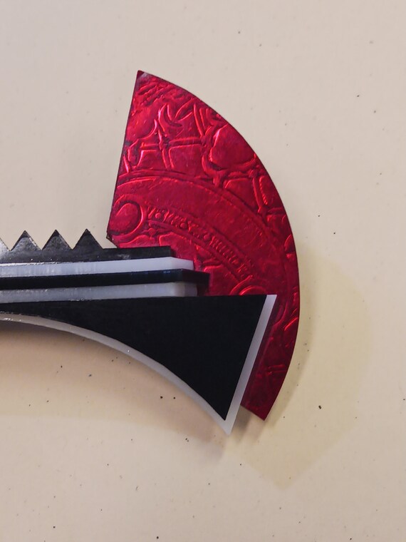 Black and White Brooch with Red Reflective Fan - … - image 4