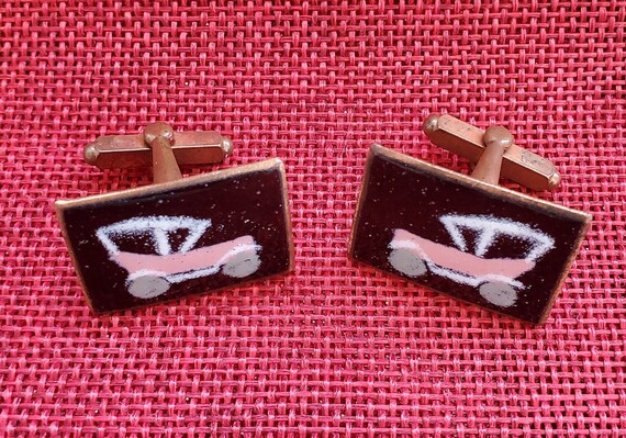 Pink Car Copper and Porcelain Enamel Cufflinks - … - image 1