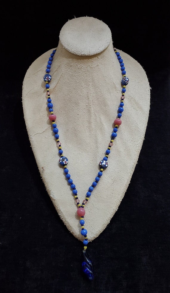 Blue Venetian Glass Long Beaded 1930s Necklace - … - image 2