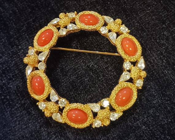 Trifari Faux Coral and Rhinestone Wreath Brooch -… - image 1