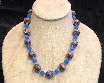 Venetian Glass Choker Necklace From 1950s. Something Blue - Handmade Wedding Cake Beads