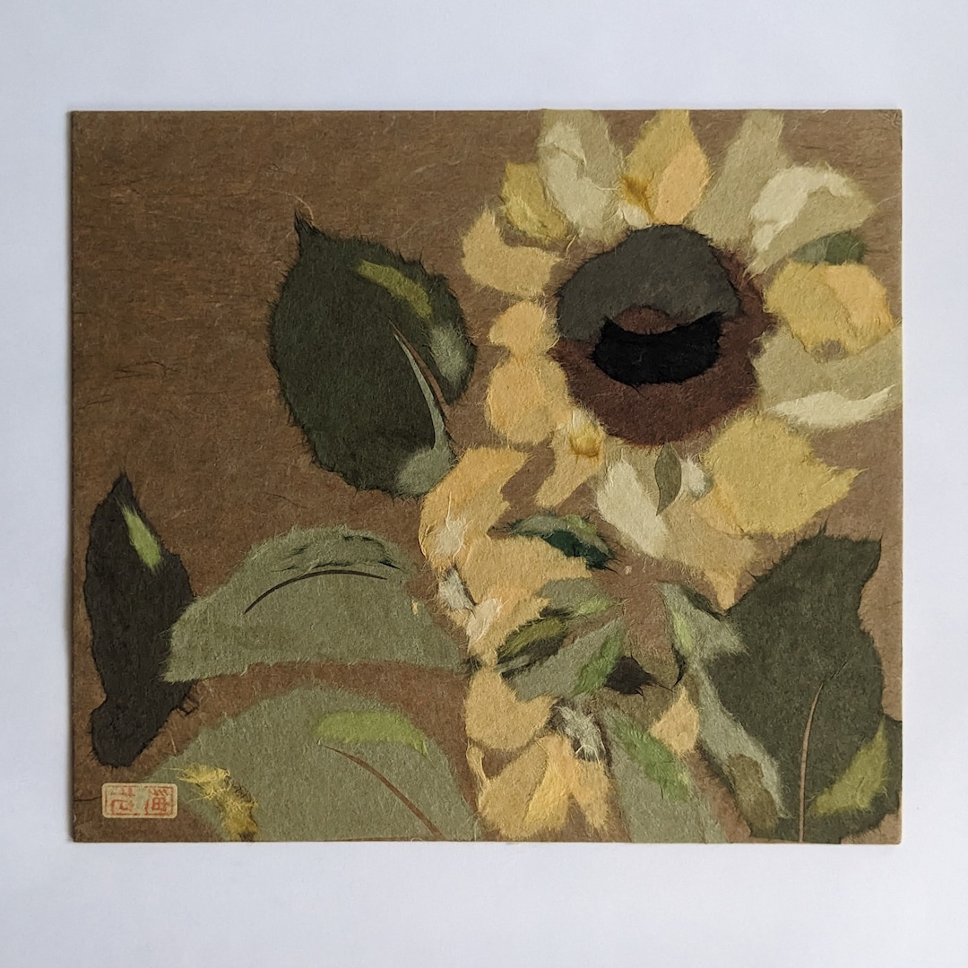 Japanese Torn Paper Art Signed Chincolle Beautiful Sun Flower Chin