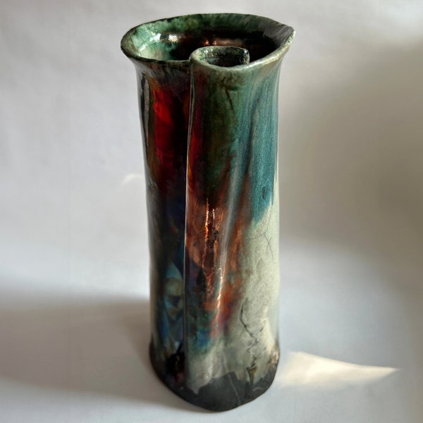 Tall Raku Vase - Vintage Handmade Pottery - Copper Glaze