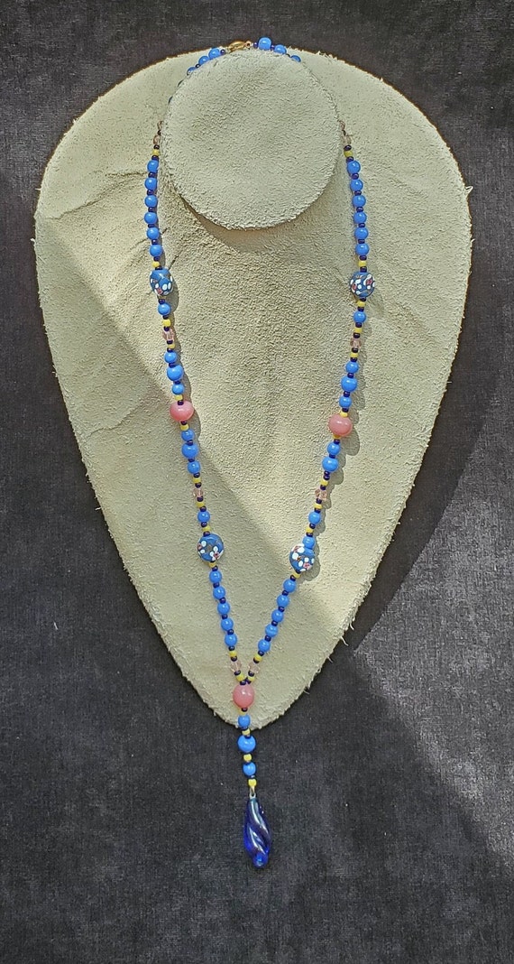 Blue Venetian Glass Long Beaded 1930s Necklace - … - image 1