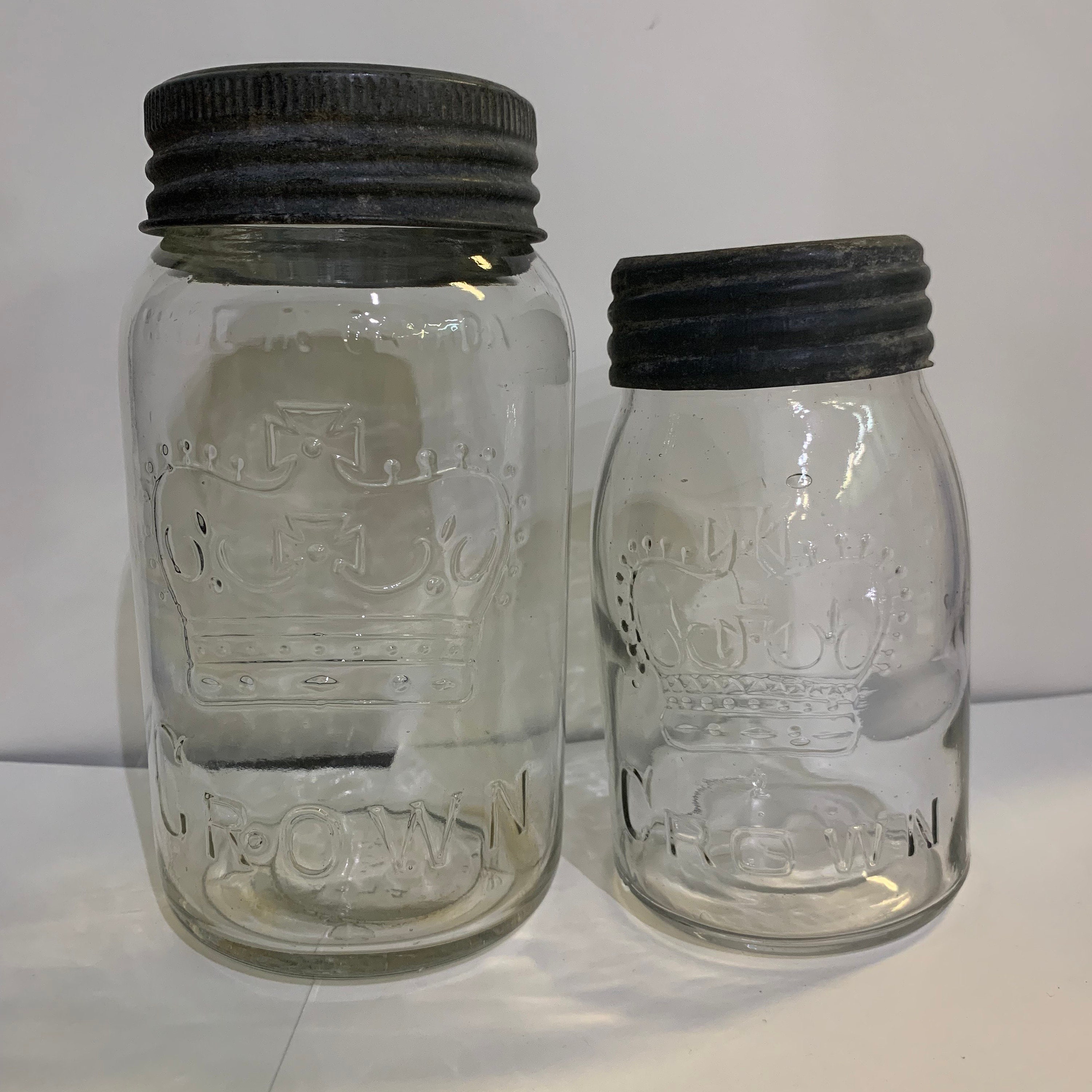 Antique 1940 CROWN 12 oz 12 Ounce Glass Mason Jar w/ Zinc Lid Made In  Canada A75