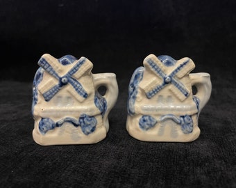 Dutch Windmill - Ceramic Salt and Pepper Shakers - Blue and White Delft look - Made in Occupied Japan