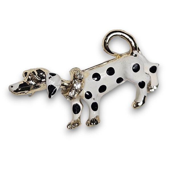 Enameled Dalmatian with Rhinestone Collar, Articulated Brooch - Dalmatian Brooch With Wiggly Head - Vintage Dalmatian Pin with Nodding Head