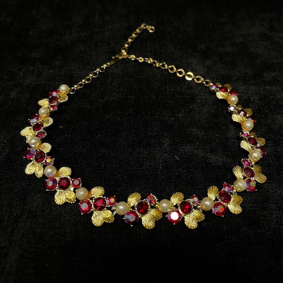 Choker Necklace with Ruby Red, Crimson Red Gems, F