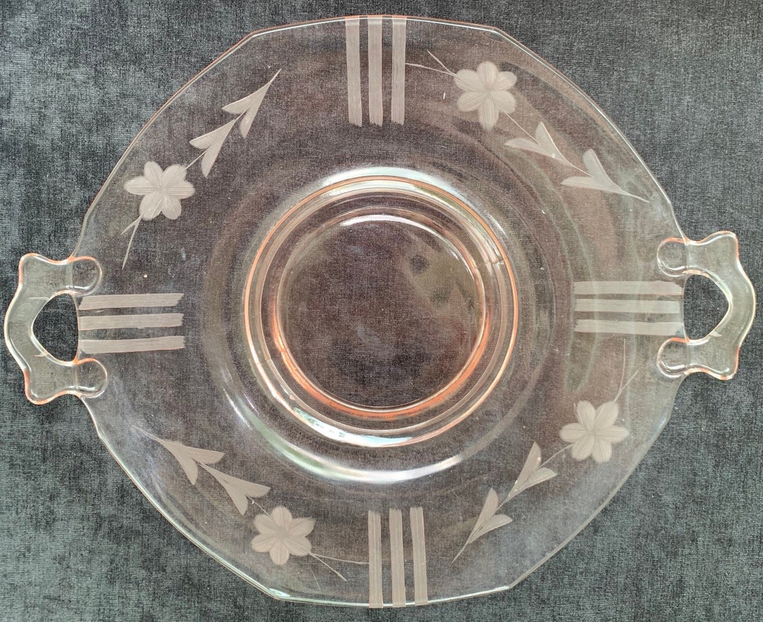 Pink Depression Glass Etched Floral and Lines Design Tray Pink