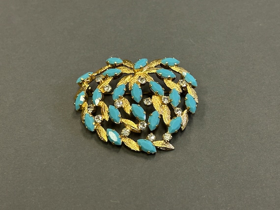 Turquoise and Gold Metal Brooch With Clear Crysta… - image 2