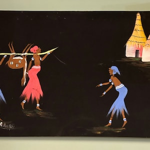 Hunting African Women- Folk Art- Original Painting on Soft Canvas