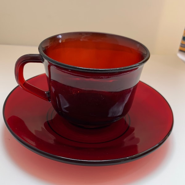 Pressed Ruby Glass Cup and Saucer Set - Vintage