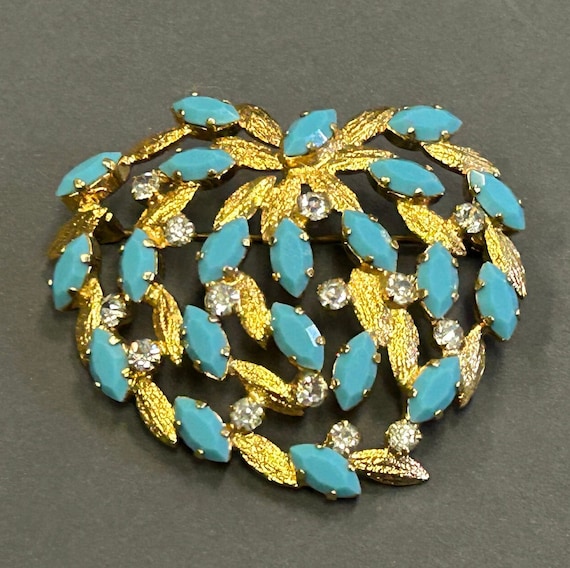 Turquoise and Gold Metal Brooch With Clear Crysta… - image 1