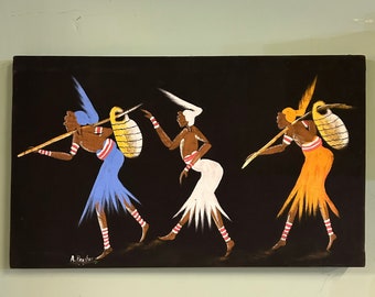 Gathering - African Women- Folk Art- Original Painting on Soft Canvas