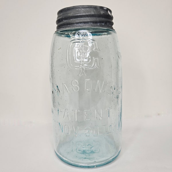 Mason's Patent Nov 30th 1858 Jar With Logo - Zinc Lid with Glass Saucer Lining, Mason Jar has 3 on bottom - RARE One Qt Aqua Jar early 1900s
