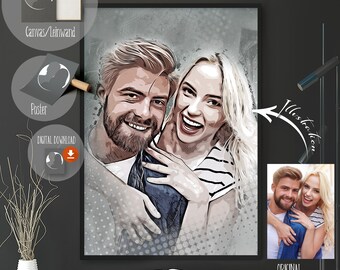 Retrato de pareja: Dibujo de tu foto como regalo personalizado al estilo de los dibujos animados. Realizado a mano e impreso a modo de mural.