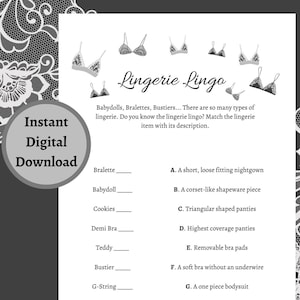 Lingerie Lingo Shower Game | Printable PDF Download | Bra Theme