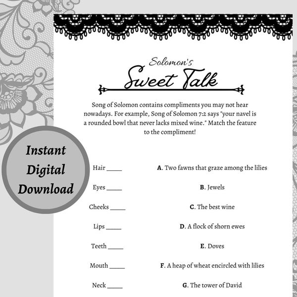 Lingerie Shower Game Solomon's Sweet Talk | Printable PDF Download | Lace Theme