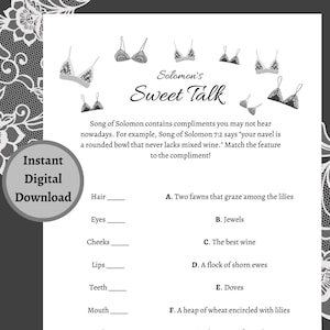 Lingerie Shower Game Solomon's Sweet Talk | Printable PDF Download | Bra Theme