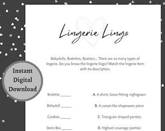 Lingerie Lingo Shower Game | Printable PDF Download | Heart Theme