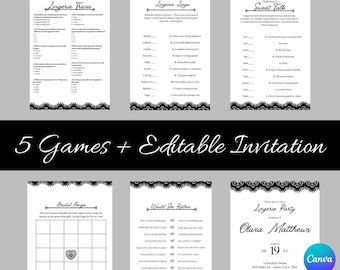 Lingerie Shower Game and Invitation Bundle | 5 Party Games | Editable Shower Invite | Lace Theme