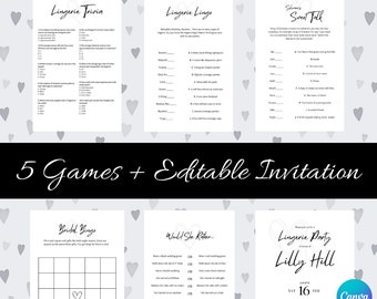 Lingerie Shower Game and Invitation Bundle | 5 Party Games | Editable Shower Invite | Heart Theme