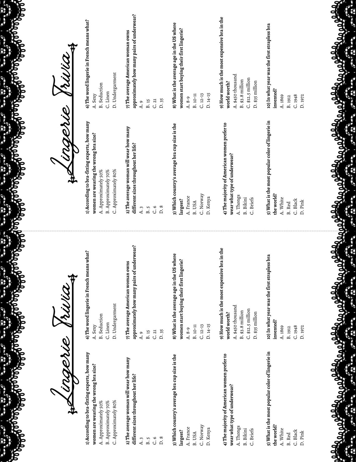 Lingerie Trivia Shower Game Printable PDF Download Lace Theme - Etsy