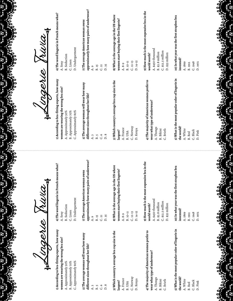 Lingerie Trivia Shower Game | Printable PDF Download | Lace Theme - Etsy