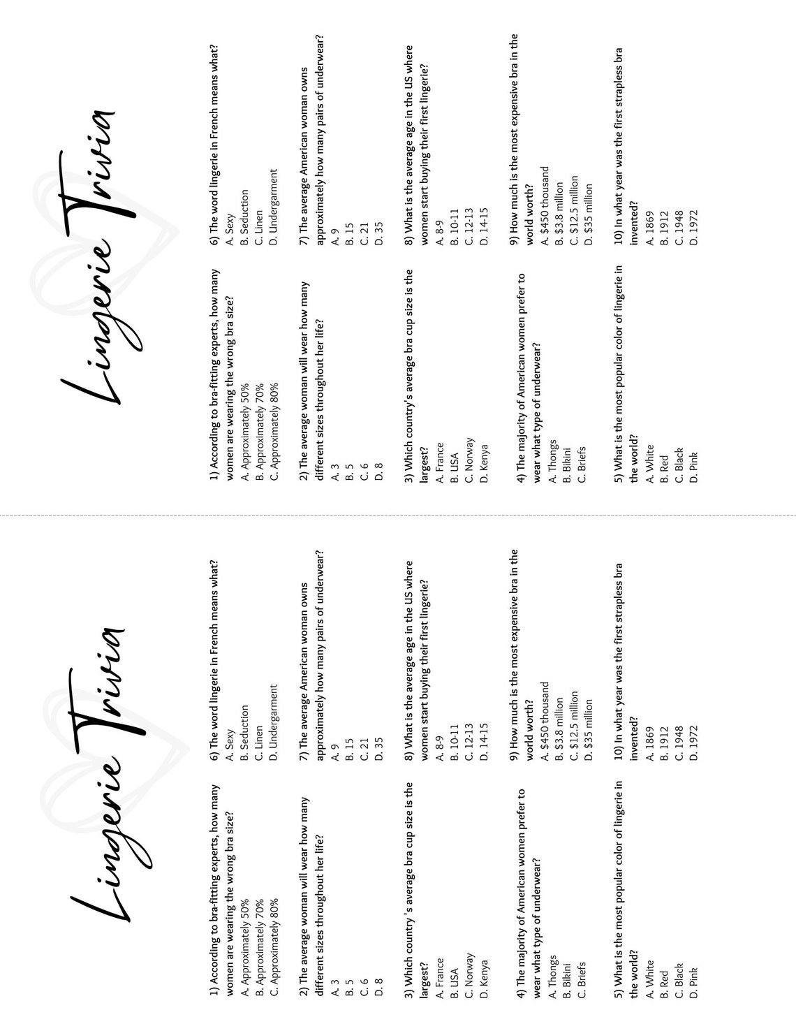 Lingerie Trivia Shower Game | Printable PDF Download | Heart Theme - Etsy