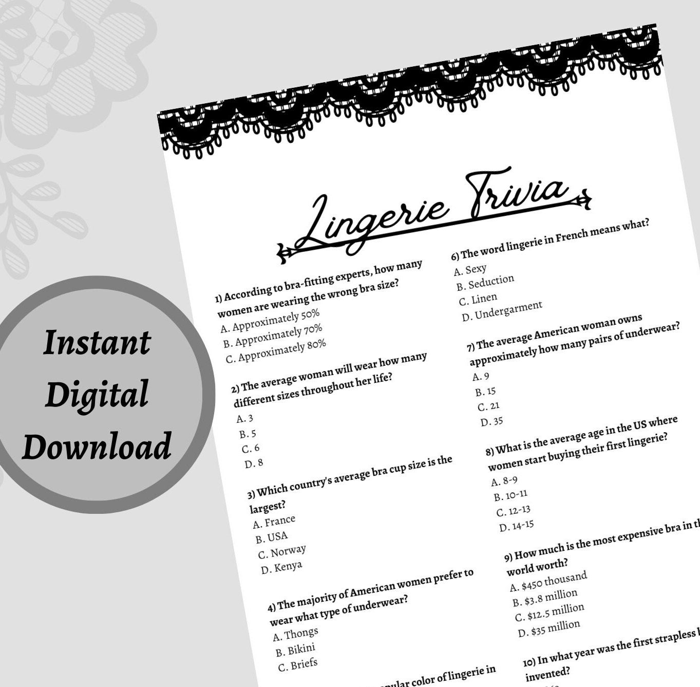 Lingerie Trivia Shower Game Printable PDF Download Lace Theme - Etsy