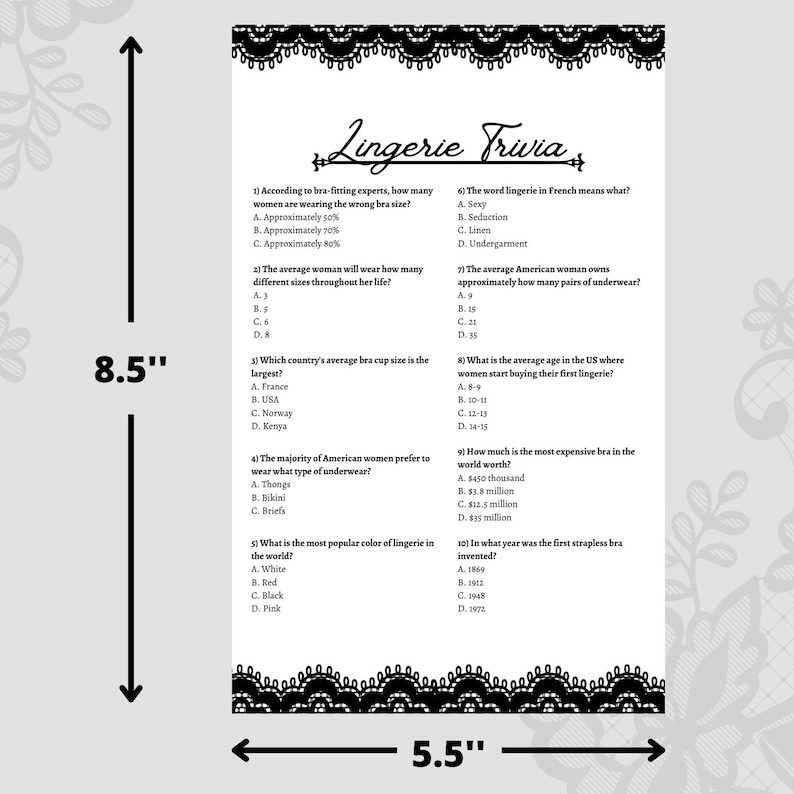 Lingerie Trivia Shower Game | Printable PDF Download | Lace Theme - Etsy