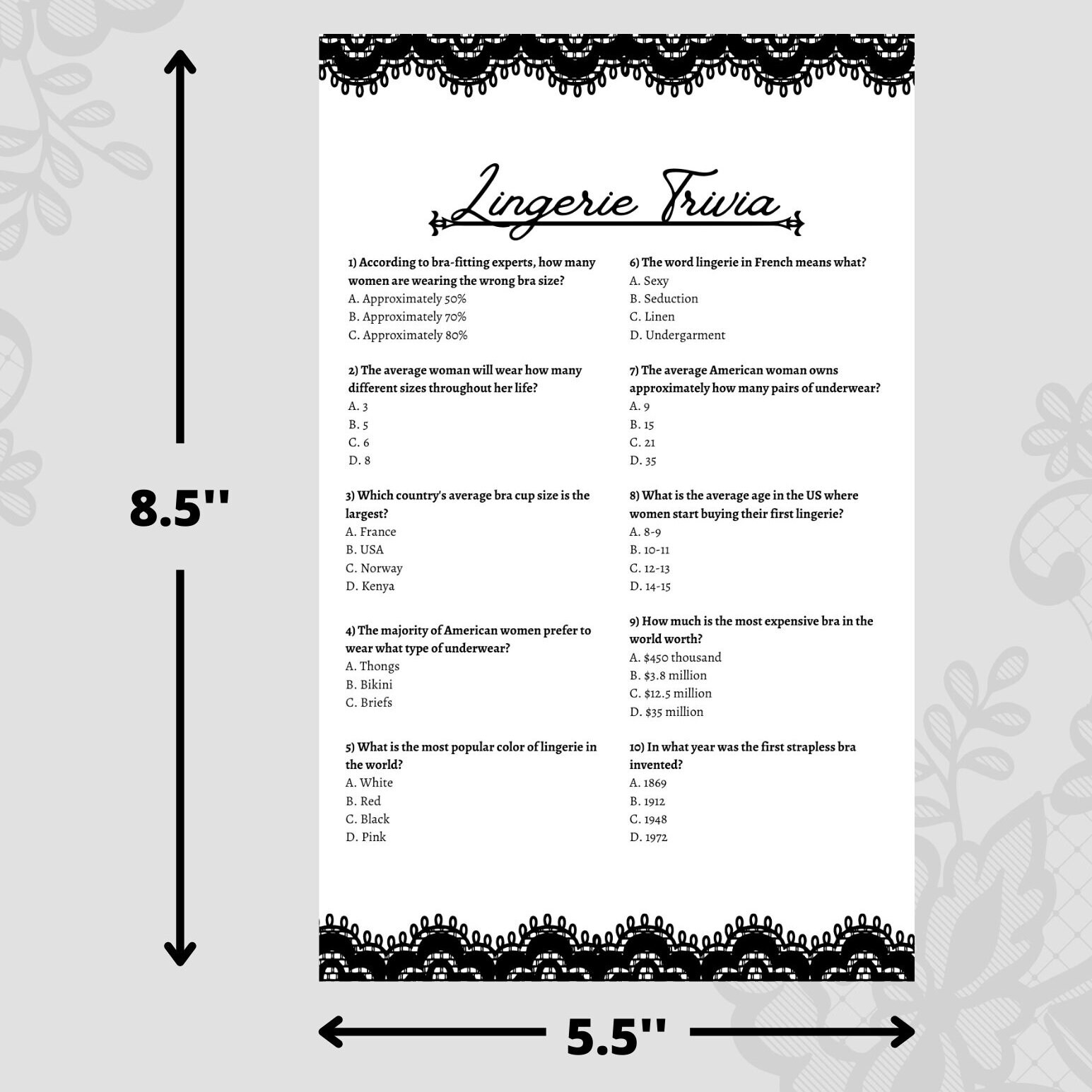 Lingerie Trivia Shower Game | Printable PDF Download | Lace Theme - Etsy