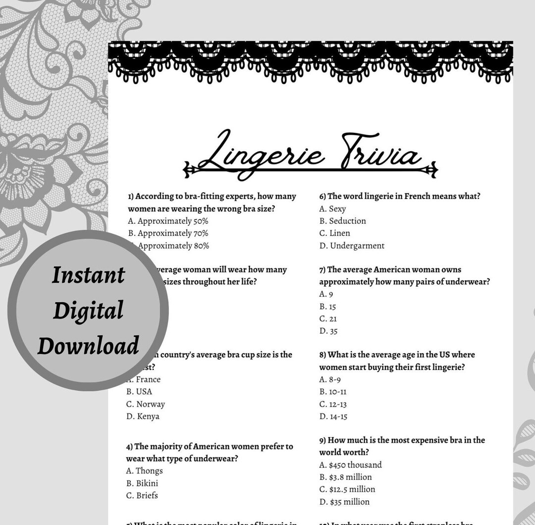 Lingerie Trivia Shower Game | Printable PDF Download | Lace Theme - Etsy